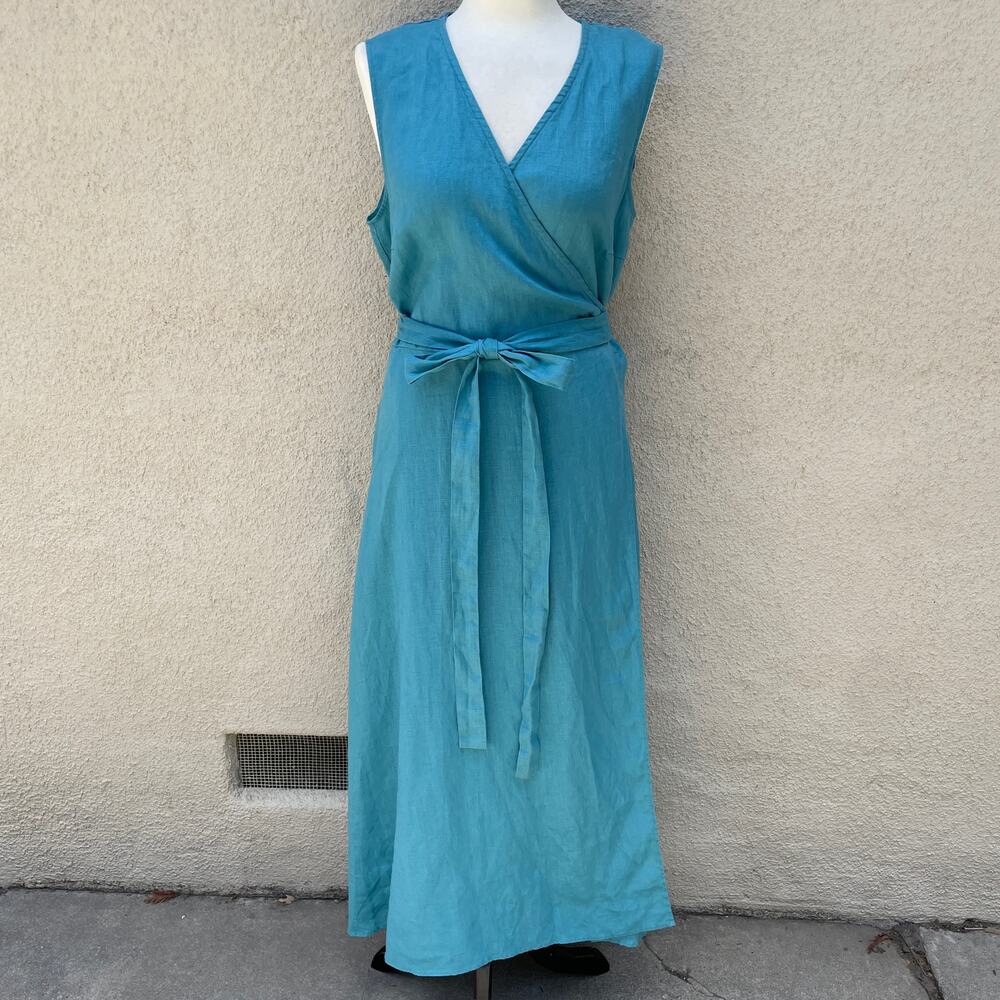 NEW Visible Art Teal 100% Linen Sleeveless Wrap Dress Size Large